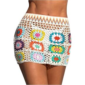 Women's Crochet Cover Up Skirt Knit Floral Embroidery Summer Beach Skirt Coverups for Swimwear Bathing Suit Wraps