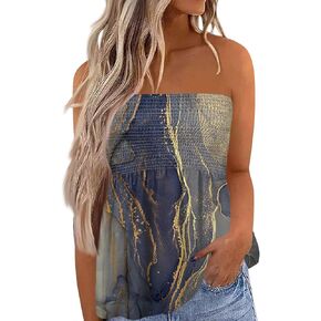 Women Tube Tops Smocked Ruffled Sleeveless Tops Beach Off Shoulder T-Shirt Print Sexy Strapless Bandeau Shirts