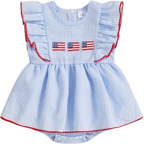Baby Girl 4th of July Outfits Newborn Smocked Bubble Romper Bodysuit Ruffle American Flag Memorial Day Outfit