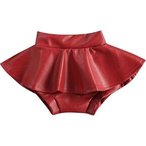 VISGOGO Kids Baby Girls Shorts Skirts Outfits Solid PU Leather Ruffles High Waist Mini Skirts
