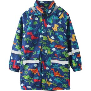Kids Boys Girls Raincoat Rainwear with Hood Print Rainproof Windproof Outwear Reflective Strips