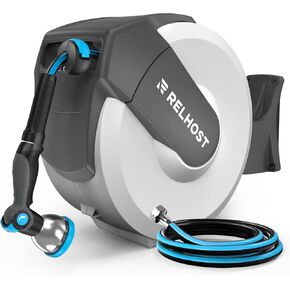 Retractable Garden Hose Reel 100 ft x 1/2 in, Heavy Duty Hose Reel Wall Mount with Any Length Lock, Auto Rewind System, 180° Swivel Bracket, 10-Pattern Garden Hose Nozzle, Dark Grey