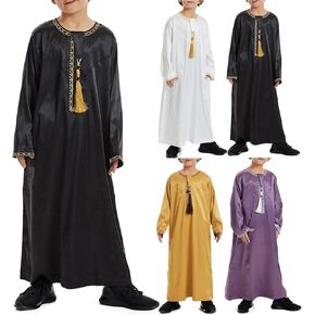 Muslim Thobe for Kids Boys Embroidered Islamic Kaftan Robe Boys Solid Color Muslim Dress Crew Collar Arabic Abaya
