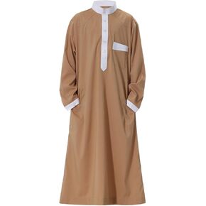 Boys Muslim Robe Arabic Thobe Ramadan Kids Long Sleeve Button Stand Collar Button with Pocket Kaftan (Brown, 7-8 Years)