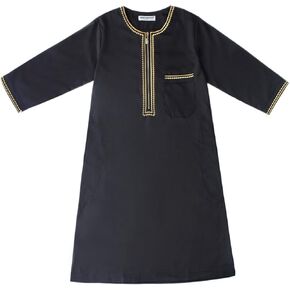 Toddler Boy's Muslim Clothes Solid Color Long Sleeve One Fourth Zipper Embroidered Robe with Pocket Kids Prayer Dress