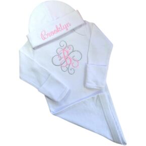 Personalized Embroidered Infant Baby Girl Layette Gown with Matching Cotton Beanie Set