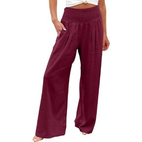 TANGNADE Women Summer Smocked High Waisted Cotton Linen Palazzo Pants Plus Size Wide Leg Casual Loose Travel Gauze Trouser