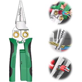 8 in 1 Wire Stripper with Voltage Tester, Cutting and Pulling Wires, Scraping and Pressing Wires, Multifunctional Professional Electrician's Pliers for Home Improvement (Green)