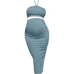 Plus Size Maternity Ribbed Knitted Dress Set with Suspender Top and Pencil Skirt for Stylish Moms