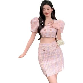 Women Vintage Small Fragrance Tweed Bodycon Skirts Sets Korean 2 Piece Suits