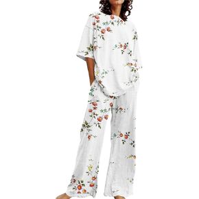 Womens 2 Piece Outfits Short Sleeve Crewneck Pullover Shirts Tops and Wide Leg Sets with Pockets Summer Tracksuits
