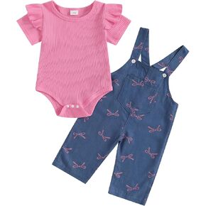 Toddler Baby Girl Denim Long Overalls Clothes Short Sleeve Ribbed Romper Jean Suspender Jumpsuit Summer Fall Outfit