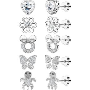 MJust 5 Pairs Titanium Screw Back Earrings for Girls Women Hypoallergenic ScrewBack Earrings for Sensitive Ears Pearl Heart Star Flower CZ 20G Pure Titanium Earrings Studs