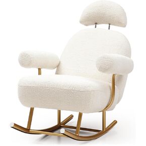 Rocking Chair Nursery, Modern Sherpa Fabric Glider Rocker Rocking with Gold Metal Frame, Rocking Accent Chairs for Living Room, Bedroom, Office (White Teddy)