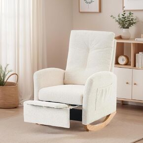 Rocking Chair Nursery with Foot Rest Upholstered Nursery Rocking Chairs with Side Pocket Nursing Glider Accent Chair High Back Rocker Recliner Reading Living Room Chairs for Bedroom Living Room