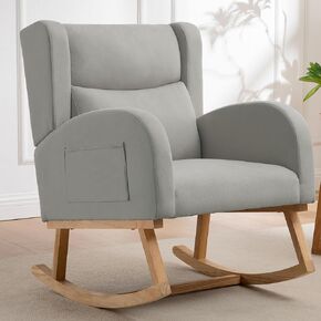 Nursery Rocking Chairs, Upholstered Rocking Chairs Glider Rocker for Living Room,Bedroom, Comfy Linen Glider Rocker Nursing Chair Wingback with Side Pocket for Nursing Adult Light Grey