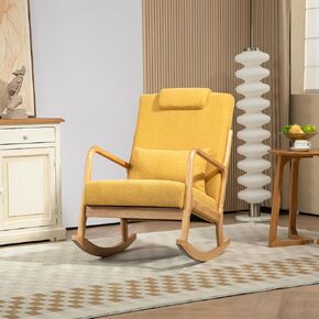 Upholstered Rocking Chair Glider Rocker Nursery Chair with High Back Accent Armchair with Rubber Wood Legs for Living Room/Bedroom/Belcony