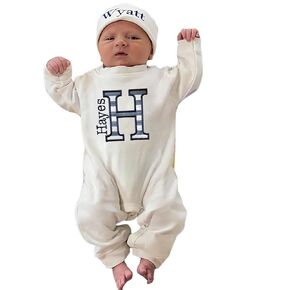 Personalized Baby Romper Hospital Gown Newborn Baby Coming Home Outfit with Custom Embroidery Name and Initial Infant Baby Sleeper Set Sleepwear Gift for Baby Shower (Style A)