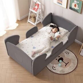 Toddler Floor Bed Frame with Removable Safety Rails and Storage Bag, Kids Bed for Girl and Boys, Standard Crib Size Portable Beds, Safety Upholstered Child Beds, Low to Floor Design