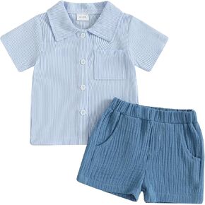 Toddler Baby Boy Summer Clothes Short Sleeve Lapel Button Down Shirts Stripe T-shirt Cotton Linen Shorts 6M-3T