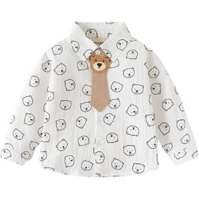 Toddler Baby Boys Bear Print Button Down Long Sleeve Shirt Tie Lapel Outerwear Fall Winter Clothes