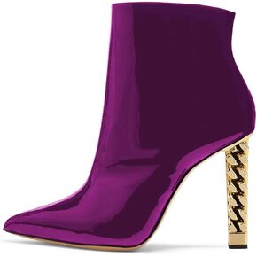 FSJ Women Trendy Pointed Toe Ankle Boot Block Chunky Gold High Heel Bootie Party Prom Shoes with Zipper Size 4-15 US
