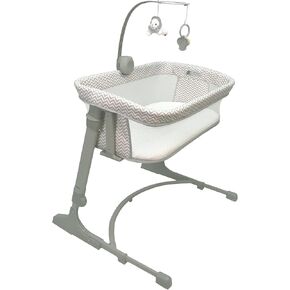 Arm’s Reach Versatile Co-Sleeper Bedside Bassinet Featuring Height-Adjustable Legs with Adjustable Feet, Mobile with Plush Hanging Toy, and Music Box with 5 Tunes, Ivory/Gray w/Quilting