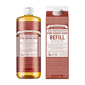 Dr. Bronner's Pure-Castile Liquid Soap Bottle & Refill Carton - Made with Regenerative Organic Certified Oils, 82% Less Plastic-18-in-1 Uses for Face, Body Wash, Hand Soap Refill- Peppermint, 32oz