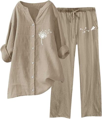 Linen Set For Women 2 Piece Summer Outfits Plus Size Short Sleeve Graphic Tees Capri Pants Lounge Matching Sets in Saudi Arabia