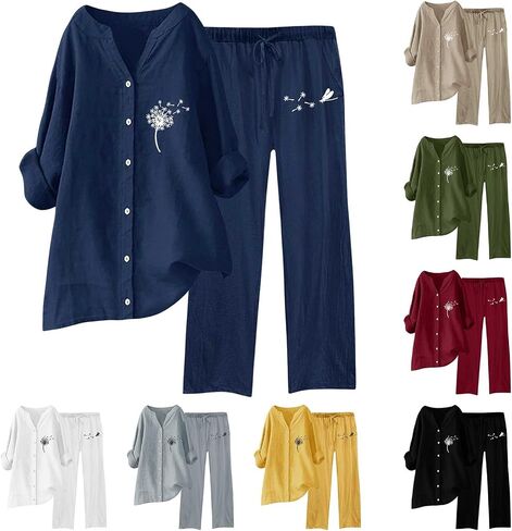 Linen Set For Women 2 Piece Summer Outfits Plus Size Short Sleeve Graphic Tees Capri Pants Lounge Matching Sets in Saudi Arabia