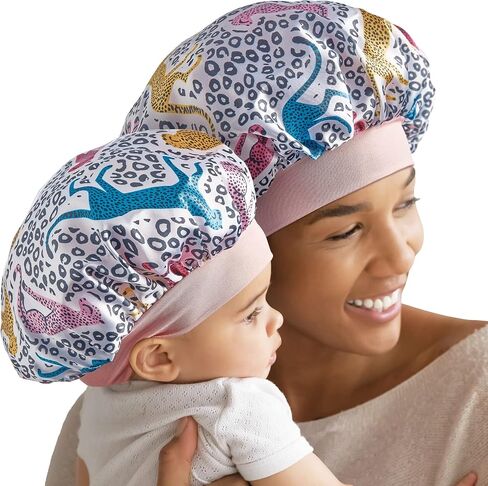 Red by Kiss 2-in-1 Mommy & Me Satin Bonnet Sleep Cap for Adult and Babies, Soft, Stretchy, and Safe, Protects Fragile Hair from Frizz & Breakage, Friction Bald Spots (Animal Prints, 6-18M) in Saudi Arabia