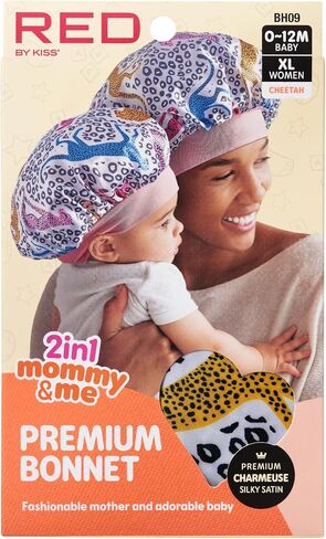 Red by Kiss 2-in-1 Mommy & Me Satin Bonnet Sleep Cap for Adult and Babies, Soft, Stretchy, and Safe, Protects Fragile Hair from Frizz & Breakage, Friction Bald Spots (Animal Prints, 6-18M) in Saudi Arabia