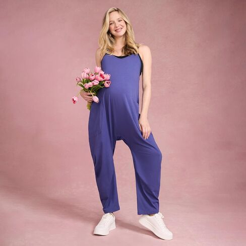 Motherhood Maternity womens Baggy Sleeveless V-neck Spaghetti Strap Lounge Casual Pocket Pregnancy Jumpsuit in Saudi Arabia