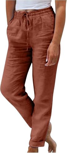 Women's High Waist Elastic Waist Lounge Pant Solid Color Cotton Linen Casual Pant Lightweight Thin Beach Trousers in Saudi Arabia