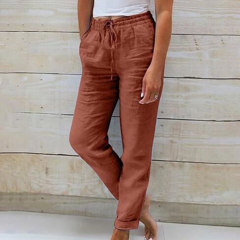 Women's High Waist Elastic Waist Lounge Pant Solid Color Cotton Linen Casual Pant Lightweight Thin Beach Trousers in Saudi Arabia