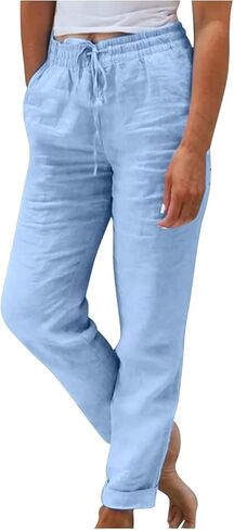 Women's High Waist Elastic Waist Lounge Pant Solid Color Cotton Linen Casual Pant Lightweight Thin Beach Trousers in Saudi Arabia