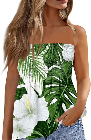 Women Tube Tops Sleeveless Off Shoulder Tops Strapless Bandeau Sexy Shirts Beach Print Smocked Ruffled T-Shirt in Saudi Arabia