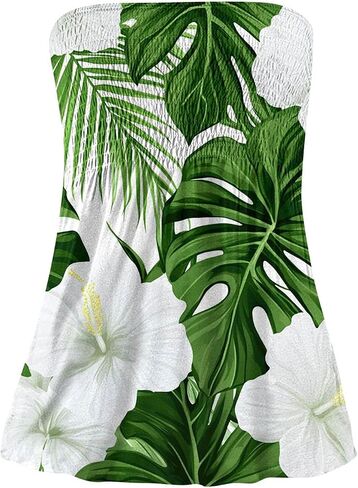 Women Tube Tops Sleeveless Off Shoulder Tops Strapless Bandeau Sexy Shirts Beach Print Smocked Ruffled T-Shirt in Saudi Arabia