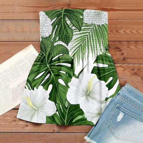 Women Tube Tops Sleeveless Off Shoulder Tops Strapless Bandeau Sexy Shirts Beach Print Smocked Ruffled T-Shirt in Saudi Arabia