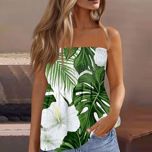 Women Tube Tops Sleeveless Off Shoulder Tops Strapless Bandeau Sexy Shirts Beach Print Smocked Ruffled T-Shirt in Saudi Arabia