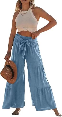Womens Fashion High Waist Pleated Wide-Leg Pants Casual Loose Flare Palazzo Pant Beach Bell Bottom Lounge Trouser in Saudi Arabia