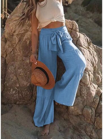 Womens Fashion High Waist Pleated Wide-Leg Pants Casual Loose Flare Palazzo Pant Beach Bell Bottom Lounge Trouser in Saudi Arabia