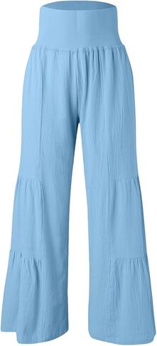 Womens Fashion High Waist Pleated Wide-Leg Pants Casual Loose Flare Palazzo Pant Beach Bell Bottom Lounge Trouser in Saudi Arabia