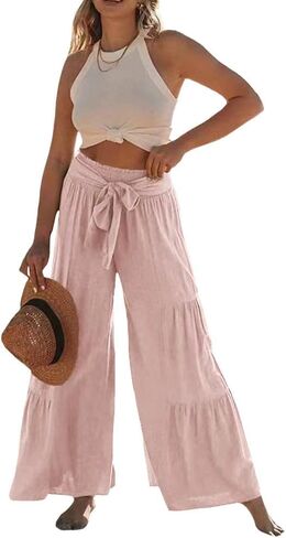 Womens Fashion High Waist Pleated Wide-Leg Pants Casual Loose Flare Palazzo Pant Beach Bell Bottom Lounge Trouser in Saudi Arabia