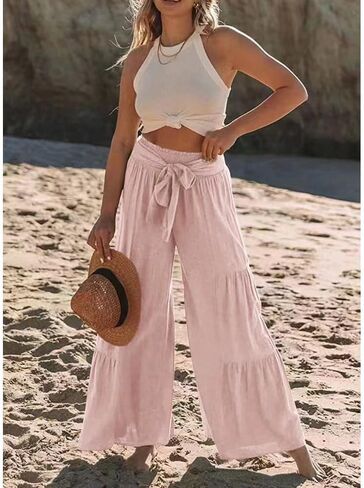 Womens Fashion High Waist Pleated Wide-Leg Pants Casual Loose Flare Palazzo Pant Beach Bell Bottom Lounge Trouser in Saudi Arabia