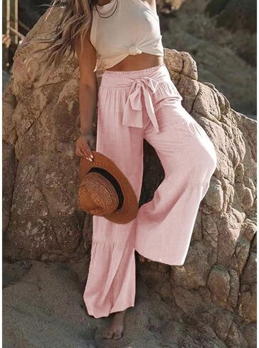 Womens Fashion High Waist Pleated Wide-Leg Pants Casual Loose Flare Palazzo Pant Beach Bell Bottom Lounge Trouser in Saudi Arabia