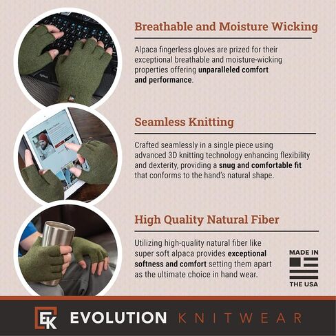 Evolution Knitwear Alpaca Knit Fingerless Gloves - Super Soft Baby Alpaca - Made in the USA - Large in Saudi Arabia