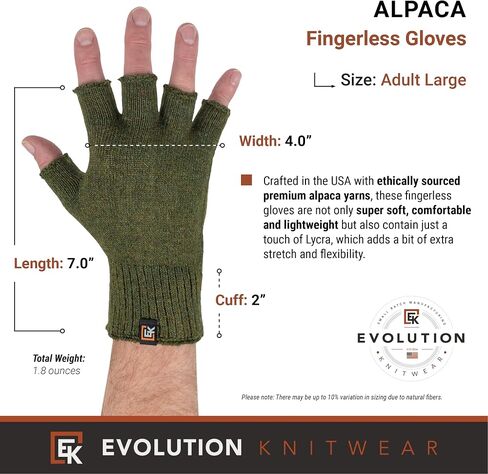 Evolution Knitwear Alpaca Knit Fingerless Gloves - Super Soft Baby Alpaca - Made in the USA - Large in Saudi Arabia