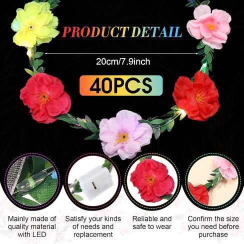 50 Pcs LED Flower Crown Headband Light Up Fairy Flower Hair Jewelry Multi-color Floral Headpiece Wreath Headdress Hair Wreath for Women Girl Hair Styling Wedding Birthday Party Holiday (Rose) in Saudi Arabia