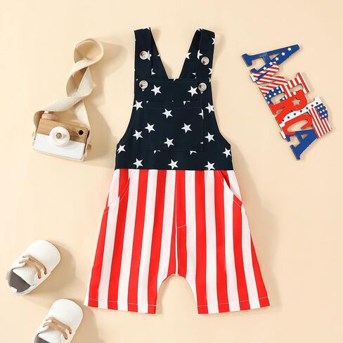 Toddler Baby Boy Girl 4th of July Outfit American Flag Overalls Pocket Suspender Romper Kids Patriotic Day Jumpsuits in Saudi Arabia